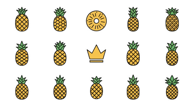 Colorful, stylized illustrations of pineapples, a crown, and a pineapple slice arranged symmetrically on a white background. The designs feature bold outlines and bright colors
