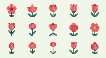 An array of stylized floral illustrations in varying shapes and stages of bloom, all in shades of red and green, set against a pale background