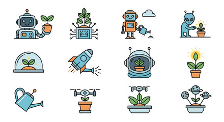 A collection of vibrant illustrations showcasing future concepts. Robots, aliens, and space travel are combined with plants, gardening, and technological elements