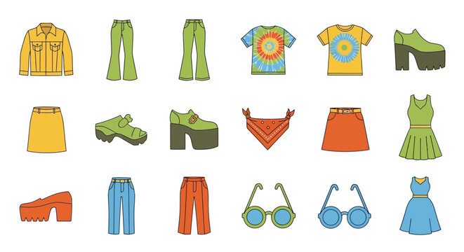 Collection of various fashion items, including tops, pants, skirts, dresses, shoes, and accessories. Bold lines and vibrant colors define the flat design of each illustrated item