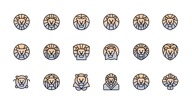 Stylized Lion Illustrations A collection of various lion head designs, each with a unique geometric style. The color palette includes pastel hues of orange, blue, and black outlines