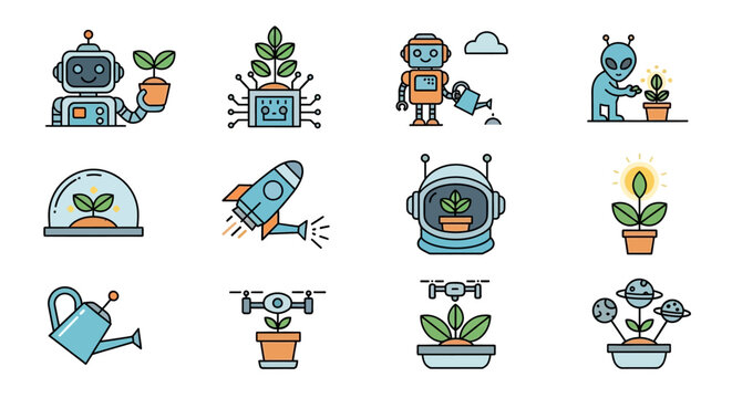 A collection of vibrant illustrations showcasing future concepts. Robots, aliens, and space travel are combined with plants, gardening, and technological elements