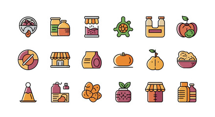 A collection of vibrant, simple flat-style icons featuring food, containers, a shop front, a life ring, a turtle, fruit and various products. Colorful vector illustrations