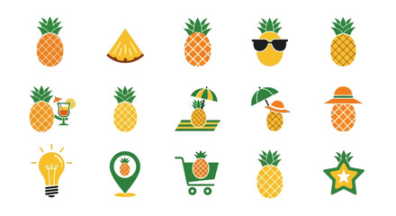 A collection of stylized pineapple illustrations. Some include sunglasses, drinks, umbrellas, and hats, while others appear as a star or in a shopping cart. The designs are simplistic