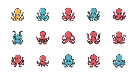 A collection of simple cartoon octopuses in various colors. Arranged in rows, these cephalopods are identical in design except for their hues. A playful, repetitive design on a blank background © gudangPIXEL