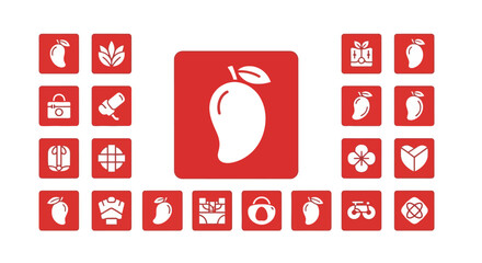 A collection of simple, red-squared icons, mostly depicting a white mango, along with various other abstract symbols © gudangPIXEL
