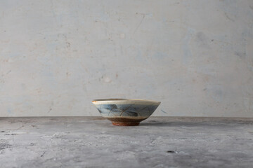 Hagi Ware Flat Tea Bowl with Diamond Pattern Ceramic Chawan Japan Showa Vintage