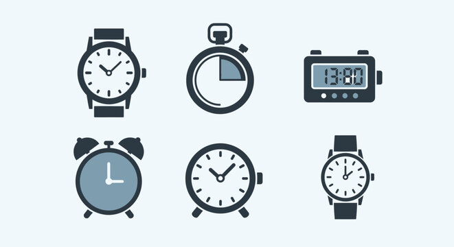 A collection of six different timekeeping devices wristwatches, a stopwatch, and digital/analog clocks, all in a flat design style, featuring different face designs