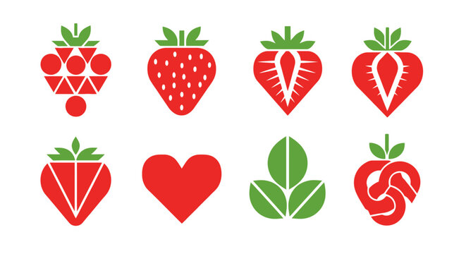 Eight stylized illustrations of strawberries and related elements, featuring geometric shapes, heart, and leafy designs in red and green against a white background