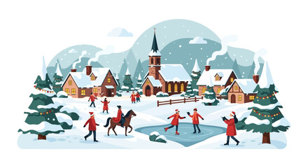 Winter Wonderland Village A Festive Illustration of Snowy Houses, People, and Joyful Activities