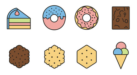 Colorful illustrations of various desserts and snacks, including a cake slice, donuts, brownie, cookies, and ice cream cone. The designs are simple, bold, and outlined