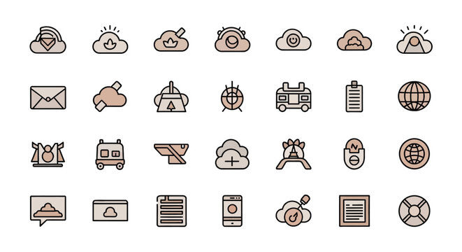 Collection of various minimalistic icons in a consistent style, featuring muted colors and black outlines. Imagery includes cloud-like shapes, vehicles, and technological and communication symbols