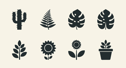 Fototapeta premium Stylized silhouettes of various plants and flowers on a cream background. Includes a cactus, fern, Monstera, sunflower, leaves, and potted plant. Simple, monochromatic design