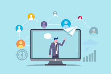 Online communication and networking concept with people icons connected to a computer screen showing a businessman