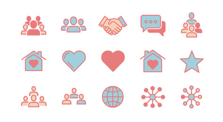 A collection of simple, illustrated icons in a soft color palette, depicting concepts like community, connection, communication, and home. The set includes people, hearts, houses, and globes