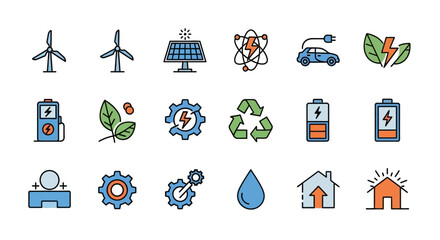 Colorful vector illustrations showcasing eco-friendly technologies, including wind turbines, solar panels, electric car, atom, leaves, batteries, recycling, water drop, gears, and home icons
