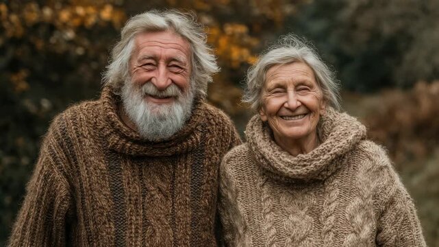 Elderly couple enjoys a sunny autumn day in the park surrounded by colorful leaves and smiles