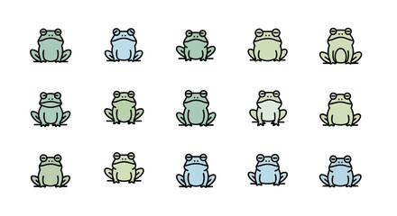 Cartoon frogs in various pastel hues are depicted in a grid formation, each with round eyes and a simple design. They sit on a line and convey a calm or sleepy mood