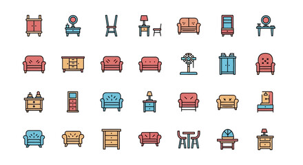 A collection of simple, colorful illustrations featuring various pieces of furniture like sofas, chairs, dressers, lamps, and tables, all in a flat design style, arranged on a white background