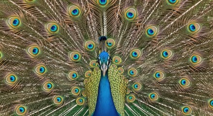 Obraz premium Vibrant peacock displaying colorful iridescent plumage with eye spots