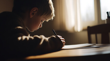 Focused young boy drawing at a wooden table bathed in soft light from a nearby window, capturing a moment of creativity and concentration in a warm, inviting atmosphere.