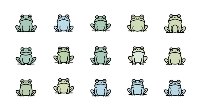 Cartoon frogs in various pastel hues are depicted in a grid formation, each with round eyes and a simple design. They sit on a line and convey a calm or sleepy mood