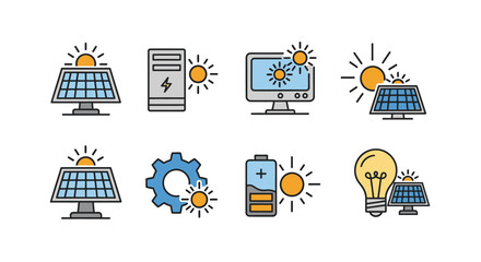 A collection of simple, colorful icons symbolizing solar energy, its applications, and related components. Panels, a computer, a battery, gear, and a lightbulb are shown alongside the sun