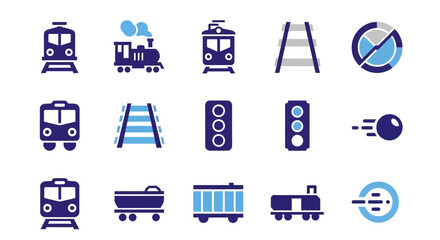 A collection of stylized icons related to transportation, featuring various train types, tracks, and traffic signals, rendered in a simple two-tone blue and white color scheme