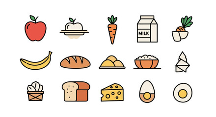 A vibrant food illustration with colorful, simple icons of fruits, vegetables, dairy, grains, and prepared dishes, all against a clean white background. Various food items are depicted