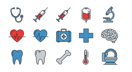 A set of colorful flat vector illustrations depicting medical tools and organs. The icons include a stethoscope, syringe, heart, first-aid kit, and brain