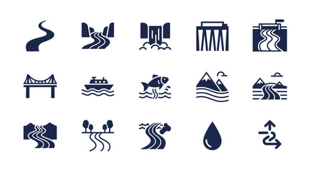 A collection of simple, stylized illustrations depicting water-related elements rivers, waterfalls, bridges, ships, fish, mountains, and a water drop. Various graphical representations