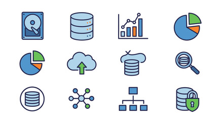 Colorful vector icons representing data and information technology concepts, including storage, analytics, cloud computing, network, and security. Various charts, diagrams, and hard drive