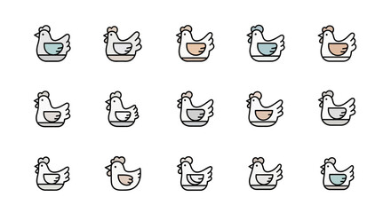 Vector icons of stylized chickens in various colors and arrangements, set against a white background, perfect for farm or food-related designs