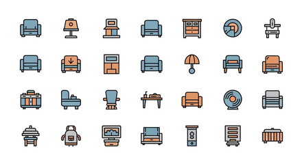 A collection of 24 distinct, colorful, flat-style vector icons featuring various items associated with furniture and household decor. Each icon outlined in black