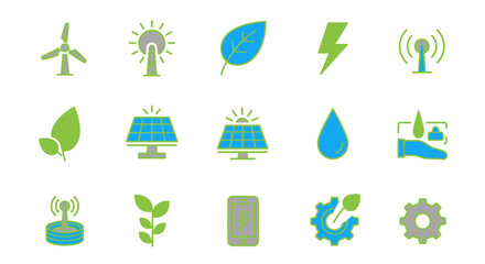 Collection of green, blue, and gray icons depicting renewable energy and eco-friendly technology. Includes symbols like leaves, solar panels, and wind turbines, suggesting sustainable practices