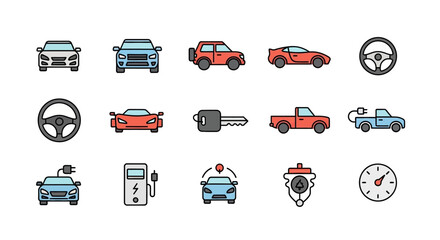 A collection of simple, colorful car and vehicle-related icons. Contains illustrations of cars, steering wheels, keys, charging stations, and eco-friendly elements. Clean lines and bright colors