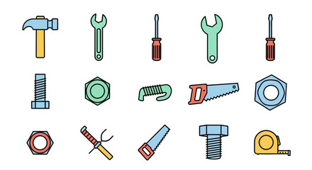 Colorful, flat-design illustrations of tools, like hammers, screwdrivers, wrenches, bolts, nuts, and saws. Vector-style, geometric shapes with solid fill, outlined in black, on a white backdrop