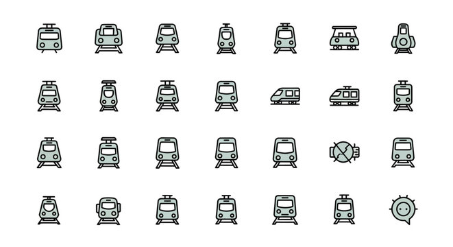 An array of colorful train icons in various designs, featuring front views, side profiles, and unique representations of train carriages and transportation concepts, all set against a white background