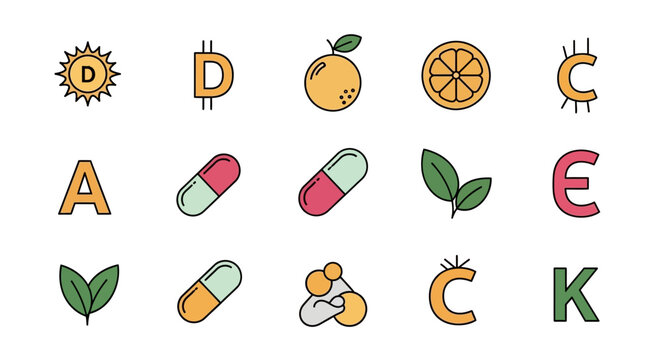 A colorful collection of illustrations features vitamins, fruits, and pills in a vibrant, outlined style on a clean white background. Various health-related icons are shown