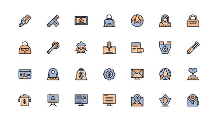 Vector icons set, featuring assorted flat designs with thick outlines. The icons represent varied business, information, and communication elements with a pastel color scheme. All images are centered