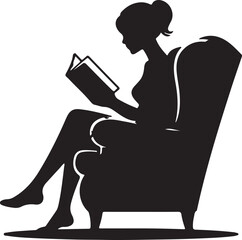 Lady Silhouette Sitting on Armchair and Reading Book with Shadow in Living Room Concept Vector Graphic Design Illustration