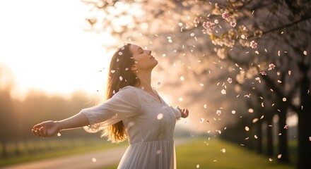 Radiant woman with arms gracefully open, immersed in a blissful moment under a shower of falling blossoms, celebrating the beauty and tranquility of the natural world