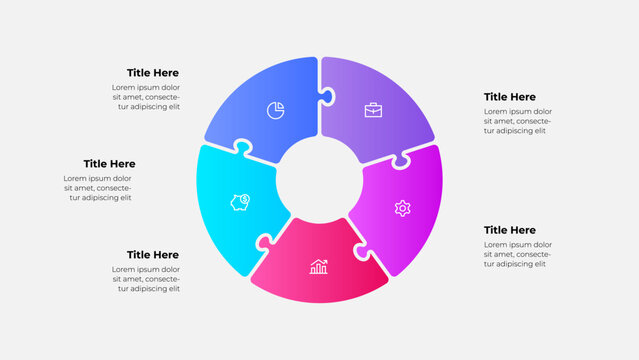 Colorful Circular Puzzle Diagram Infographic Vector Design. Gradient Business Pie Chart with Five Segments