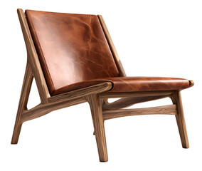 Brown leather armchair with wooden frame isolated on transparent background