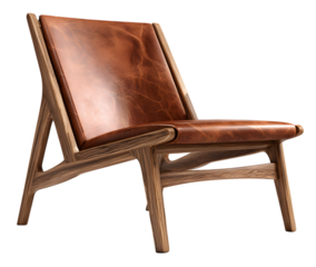 Brown leather armchair with wooden frame isolated on transparent background
