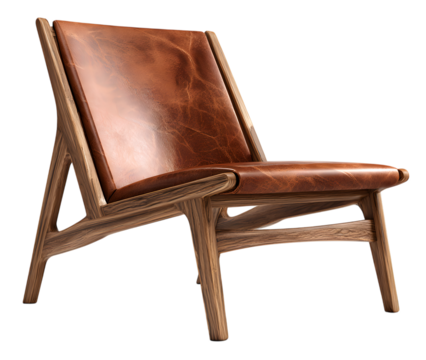 Brown leather armchair with wooden frame isolated on transparent background