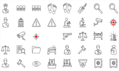 Law and Justice Icons Scales, Gavel, Courtroom, Fingerprints, Magnifying Glass, and Safe