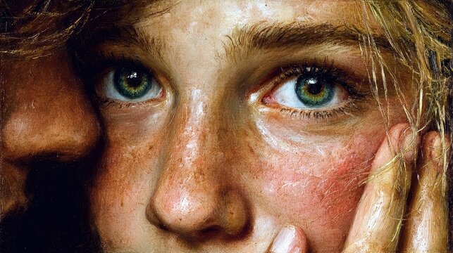 A detailed close-up portrait of a young person's face, highlighting their expressive green eyes, freckled nose, and rosy cheeks, with a hand resting on their ch