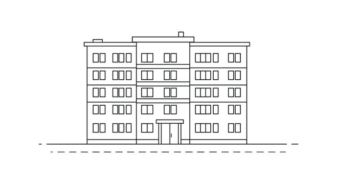 Detailed architectural sketch of a multi story residential building with many windows and balconies.