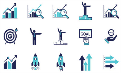 Collection of icons representing growth, success, business goals, and achieving objectives in a modern style